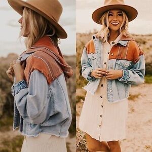 Free People Two-Tone Light Blue and Rust Denim Jacket